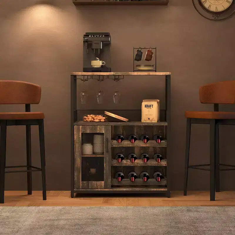 Grey 3-Tier Industrial Wine Bar Cabinet (12+ Bottles)  36H x 24W x 15D, Detachable Rack, 9 Glass Holders & Adjustable Shelves for Home/Bar