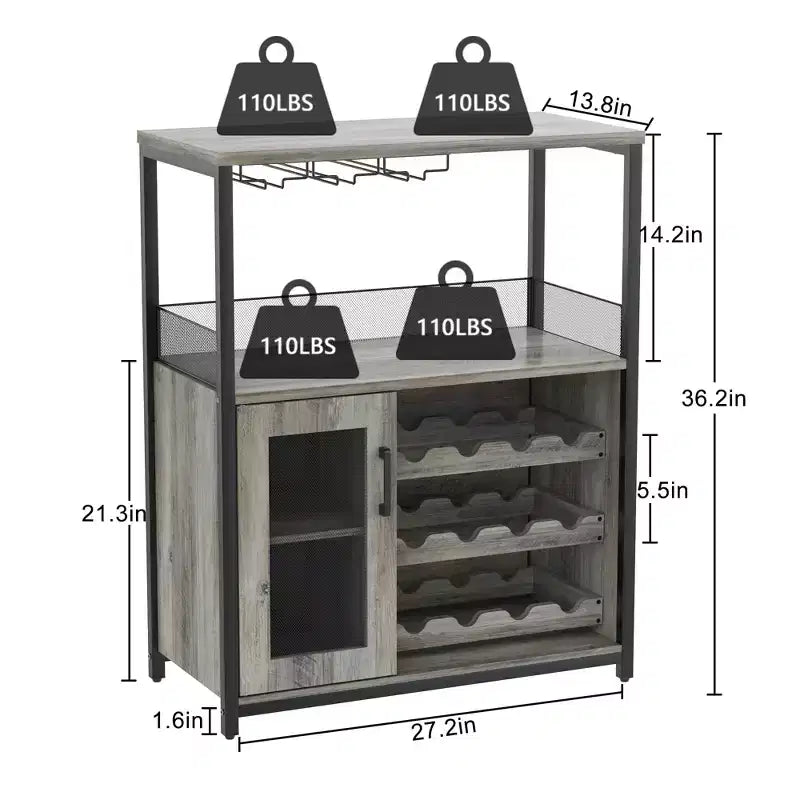 Grey 3-Tier Industrial Wine Bar Cabinet (12+ Bottles)  36H x 24W x 15D, Detachable Rack, 9 Glass Holders & Adjustable Shelves for Home/Bar