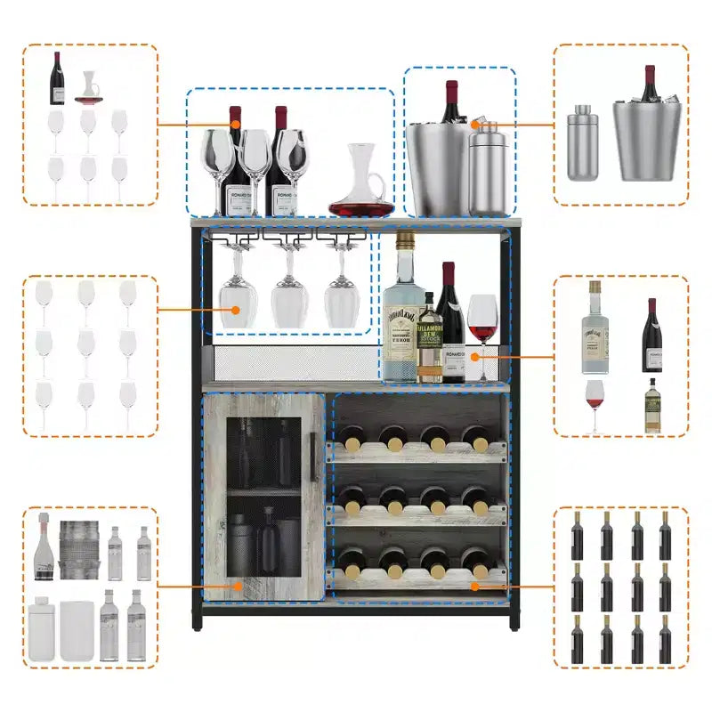 Grey 3-Tier Industrial Wine Bar Cabinet (12+ Bottles)  36H x 24W x 15D, Detachable Rack, 9 Glass Holders & Adjustable Shelves for Home/Bar
