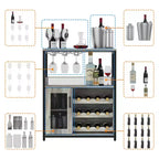Grey 3-Tier Industrial Wine Bar Cabinet (12+ Bottles)  36H x 24W x 15D, Detachable Rack, 9 Glass Holders & Adjustable Shelves for Home/Bar