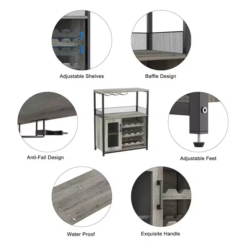 Grey 3-Tier Industrial Wine Bar Cabinet (12+ Bottles)  36H x 24W x 15D, Detachable Rack, 9 Glass Holders & Adjustable Shelves for Home/Bar