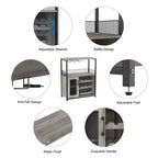 Grey 3-Tier Industrial Wine Bar Cabinet (12+ Bottles)  36H x 24W x 15D, Detachable Rack, 9 Glass Holders & Adjustable Shelves for Home/Bar