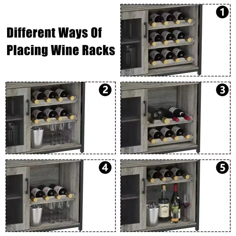 Grey 3-Tier Industrial Wine Bar Cabinet (12+ Bottles)  36H x 24W x 15D, Detachable Rack, 9 Glass Holders & Adjustable Shelves for Home/Bar