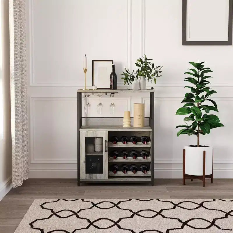Grey 3-Tier Industrial Wine Bar Cabinet (12+ Bottles)  36H x 24W x 15D, Detachable Rack, 9 Glass Holders & Adjustable Shelves for Home/Bar
