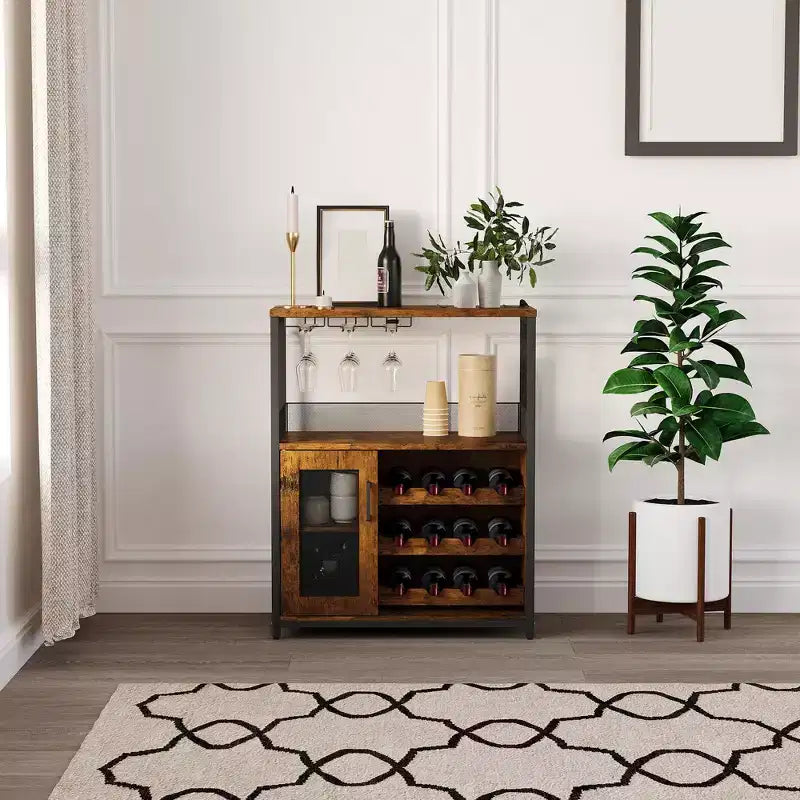 Grey 3-Tier Industrial Wine Bar Cabinet (12+ Bottles)  36H x 24W x 15D, Detachable Rack, 9 Glass Holders & Adjustable Shelves for Home/Bar