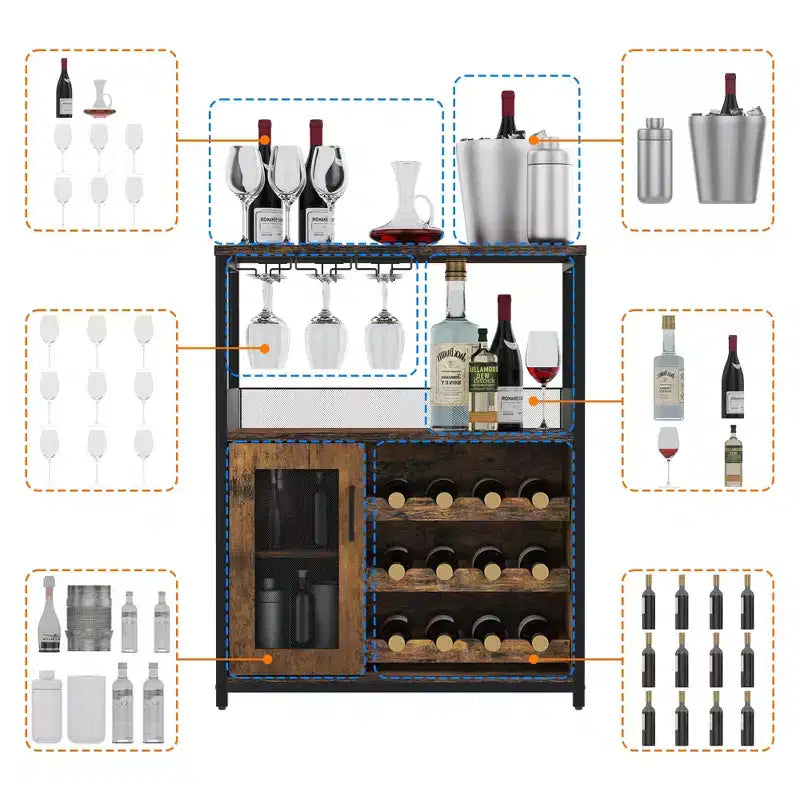 Grey 3-Tier Industrial Wine Bar Cabinet (12+ Bottles)  36H x 24W x 15D, Detachable Rack, 9 Glass Holders & Adjustable Shelves for Home/Bar