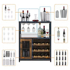 Grey 3-Tier Industrial Wine Bar Cabinet (12+ Bottles)  36H x 24W x 15D, Detachable Rack, 9 Glass Holders & Adjustable Shelves for Home/Bar