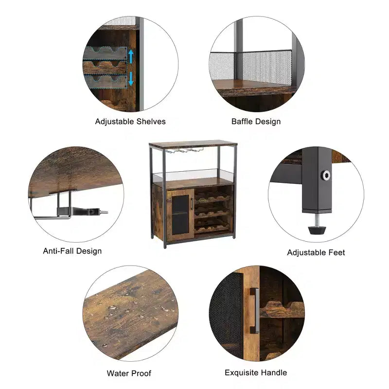 Grey 3-Tier Industrial Wine Bar Cabinet (12+ Bottles)  36H x 24W x 15D, Detachable Rack, 9 Glass Holders & Adjustable Shelves for Home/Bar