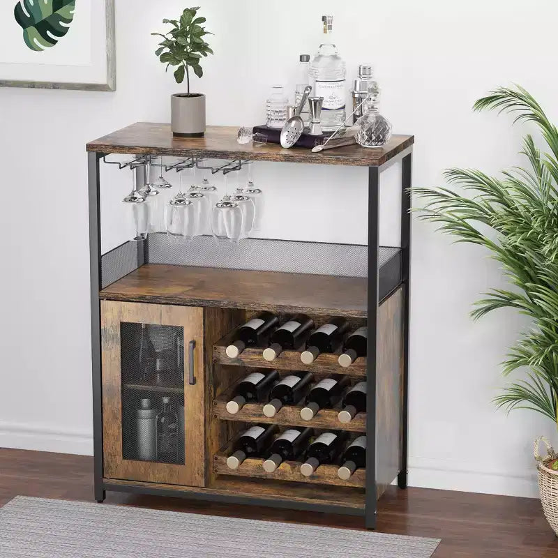 Grey 3-Tier Industrial Wine Bar Cabinet (12+ Bottles)  36H x 24W x 15D, Detachable Rack, 9 Glass Holders & Adjustable Shelves for Home/Bar