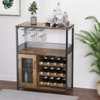 Grey 3-Tier Industrial Wine Bar Cabinet (12+ Bottles)  36H x 24W x 15D, Detachable Rack, 9 Glass Holders & Adjustable Shelves for Home/Bar