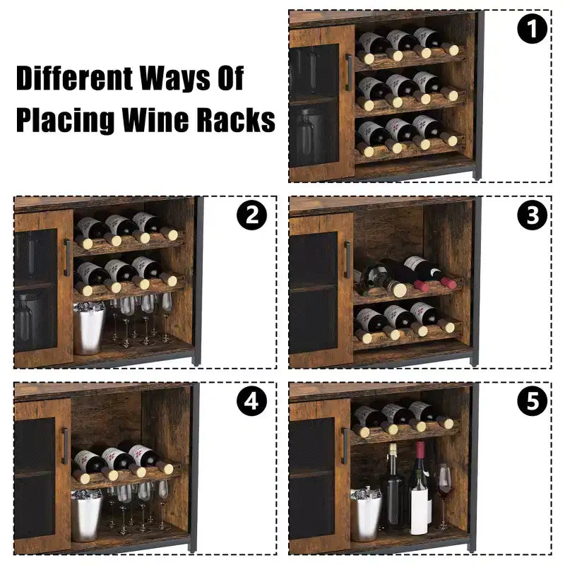Grey 3-Tier Industrial Wine Bar Cabinet (12+ Bottles)  36H x 24W x 15D, Detachable Rack, 9 Glass Holders & Adjustable Shelves for Home/Bar