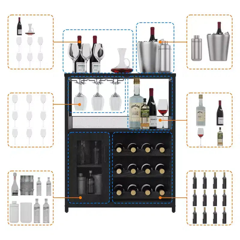 Grey 3-Tier Industrial Wine Bar Cabinet (12+ Bottles)  36H x 24W x 15D, Detachable Rack, 9 Glass Holders & Adjustable Shelves for Home/Bar