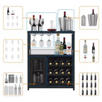 Grey 3-Tier Industrial Wine Bar Cabinet (12+ Bottles)  36H x 24W x 15D, Detachable Rack, 9 Glass Holders & Adjustable Shelves for Home/Bar
