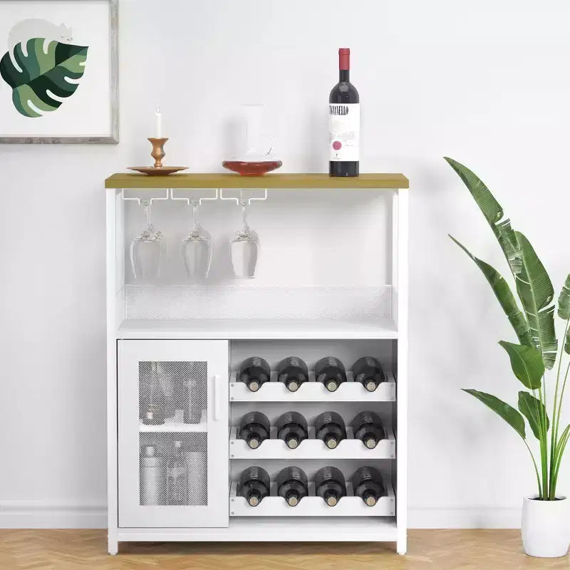 Grey 3-Tier Industrial Wine Bar Cabinet (12+ Bottles)  36H x 24W x 15D, Detachable Rack, 9 Glass Holders & Adjustable Shelves for Home/Bar