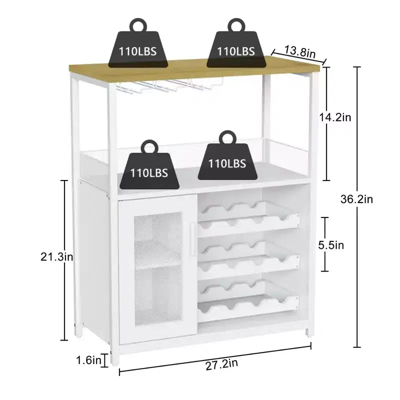 Grey 3-Tier Industrial Wine Bar Cabinet (12+ Bottles)  36H x 24W x 15D, Detachable Rack, 9 Glass Holders & Adjustable Shelves for Home/Bar