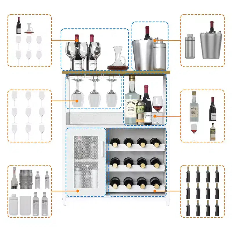 Grey 3-Tier Industrial Wine Bar Cabinet (12+ Bottles)  36H x 24W x 15D, Detachable Rack, 9 Glass Holders & Adjustable Shelves for Home/Bar