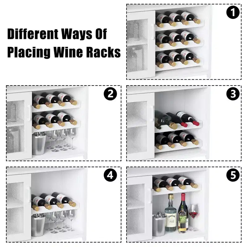 Grey 3-Tier Industrial Wine Bar Cabinet (12+ Bottles)  36H x 24W x 15D, Detachable Rack, 9 Glass Holders & Adjustable Shelves for Home/Bar