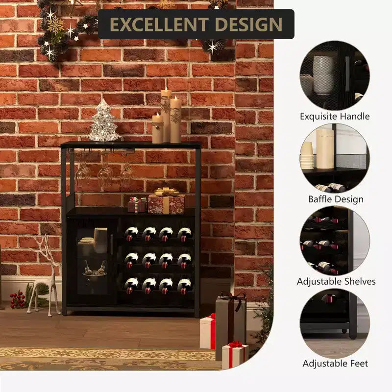 Grey 3-Tier Industrial Wine Bar Cabinet (12+ Bottles)  36H x 24W x 15D, Detachable Rack, 9 Glass Holders & Adjustable Shelves for Home/Bar