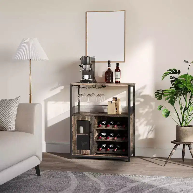 Grey 3-Tier Industrial Wine Bar Cabinet (12+ Bottles)  36H x 24W x 15D, Detachable Rack, 9 Glass Holders & Adjustable Shelves for Home/Bar