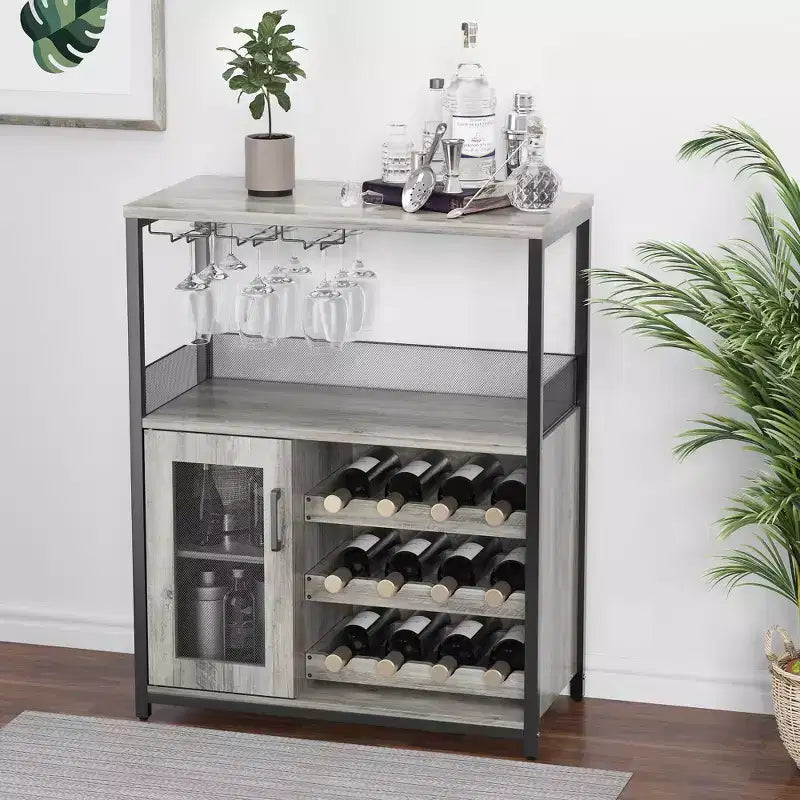 Grey 3-Tier Industrial Wine Bar Cabinet (12+ Bottles)  36H x 24W x 15D, Detachable Rack, 9 Glass Holders & Adjustable Shelves for Home/Bar
