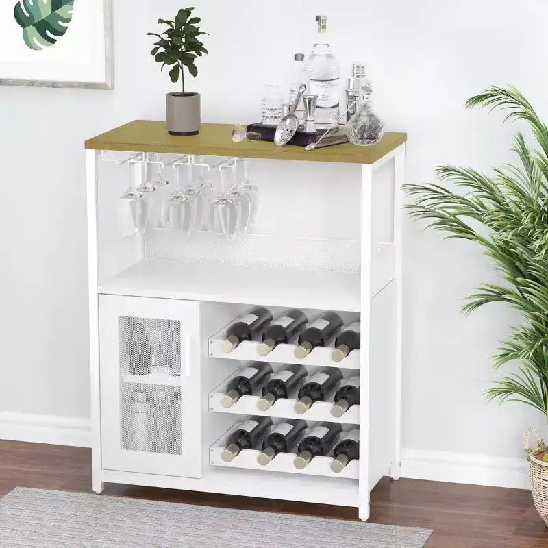 Grey 3-Tier Industrial Wine Bar Cabinet (12+ Bottles)  36H x 24W x 15D, Detachable Rack, 9 Glass Holders & Adjustable Shelves for Home/Bar