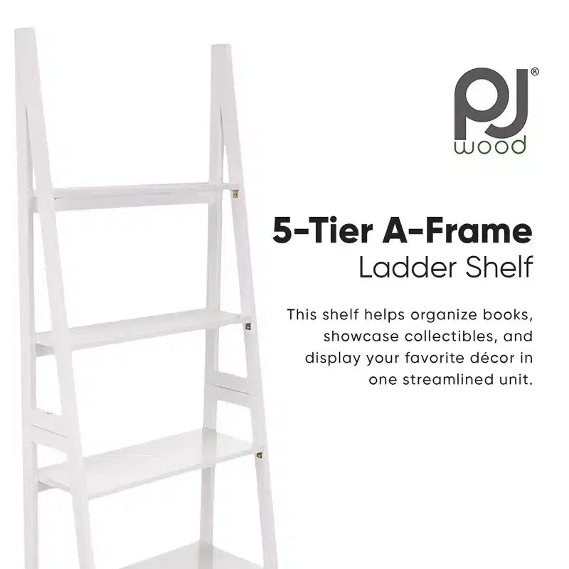 PJ Wood Scaffale a Scala a 5 Ripiani, Organizer per Libri e Decorazioni, Supporto per Soggiorno Ufficio Uso Interno, Bianco