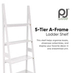 PJ Wood Scaffale a Scala a 5 Ripiani, Organizer per Libri e Decorazioni, Supporto per Soggiorno Ufficio Uso Interno, Bianco