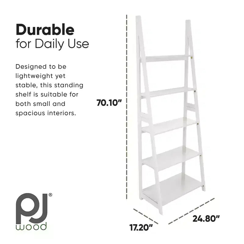 PJ Wood Scaffale a Scala a 5 Ripiani, Organizer per Libri e Decorazioni, Supporto per Soggiorno Ufficio Uso Interno, Bianco