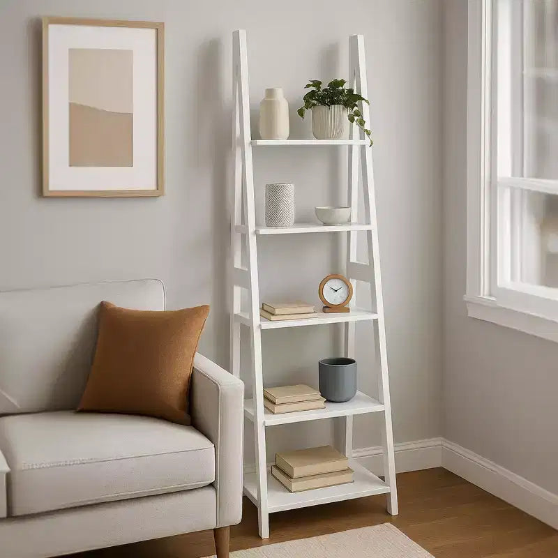 PJ Wood Scaffale a Scala a 5 Ripiani, Organizer per Libri e Decorazioni, Supporto per Soggiorno Ufficio Uso Interno, Bianco