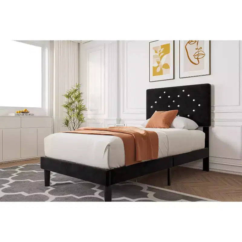 CuisinSmart Bed Frames with Button Tufted Headboard, Linen Upholstered Platform Bed with Wooden Slats Support, No Box Spring Required