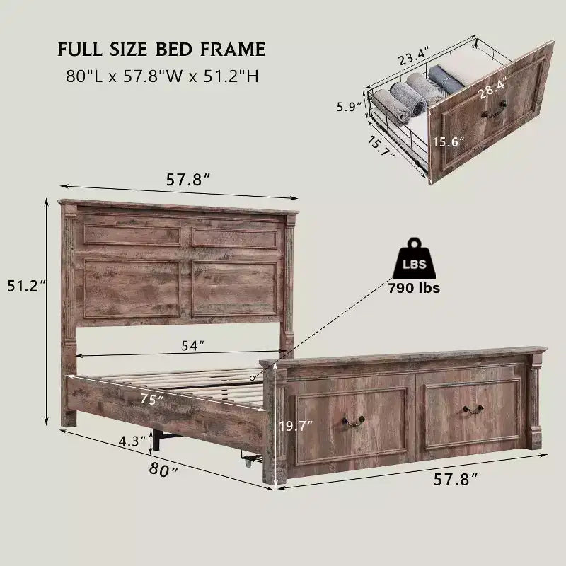 Struttura letto matrimoniale Mastgoal con testiera alta 51", pediera romana da 20", 2 grandi cassetti portaoggetti, nessuna necessità di rete a molle
