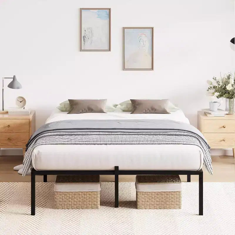 Struttura letto matrimoniale in metallo con contenitore, supporti a doghe in acciaio resistente, capacità 450 kg, non richiede rete, nero 40 cm