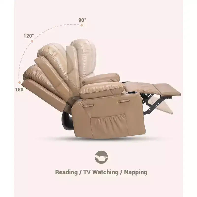 Ampia Poltrona Reclinabile Manuale in Pelle con Braccioli Comodi, Portabicchieri Integrati, Larghezza Seduta di 54 cm, per Relax e Intrattenimento in Soggiorno