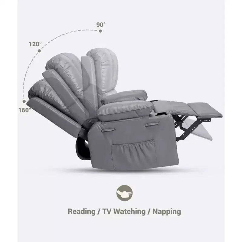 Ampia Poltrona Reclinabile Manuale in Pelle con Braccioli Comodi, Portabicchieri Integrati, Larghezza Seduta di 54 cm, per Relax e Intrattenimento in Soggiorno