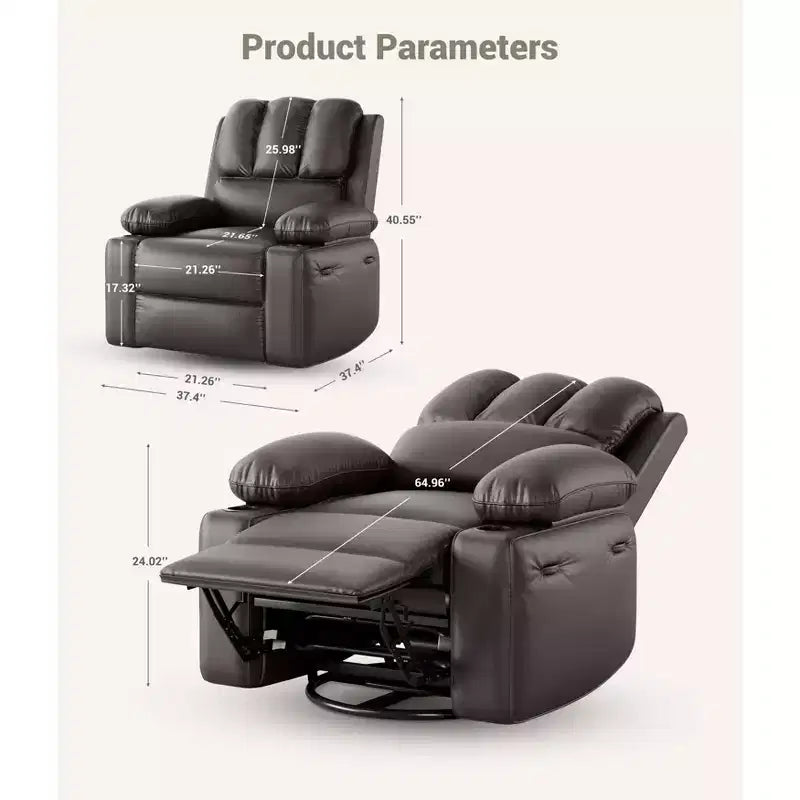 Ampia Poltrona Reclinabile Manuale in Pelle con Braccioli Comodi, Portabicchieri Integrati, Larghezza Seduta di 54 cm, per Relax e Intrattenimento in Soggiorno