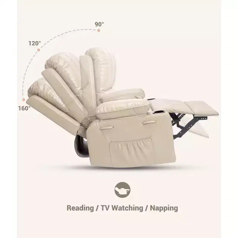 Ampia Poltrona Reclinabile Manuale in Pelle con Braccioli Comodi, Portabicchieri Integrati, Larghezza Seduta di 54 cm, per Relax e Intrattenimento in Soggiorno