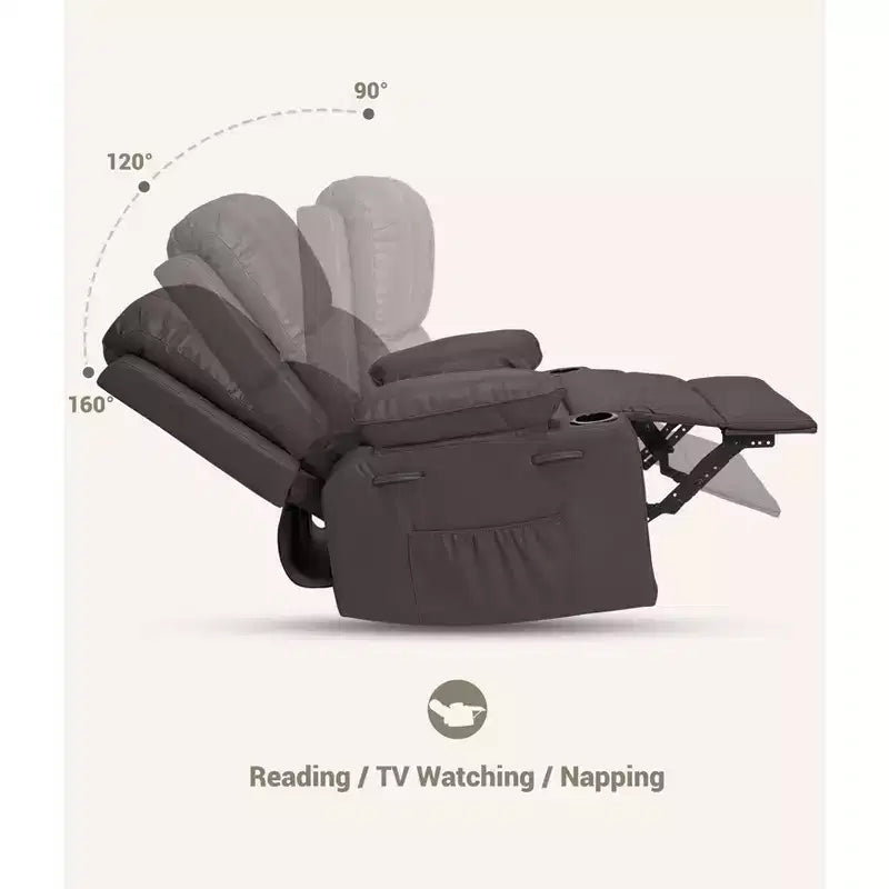 Ampia Poltrona Reclinabile Manuale in Pelle con Braccioli Comodi, Portabicchieri Integrati, Larghezza Seduta di 54 cm, per Relax e Intrattenimento in Soggiorno