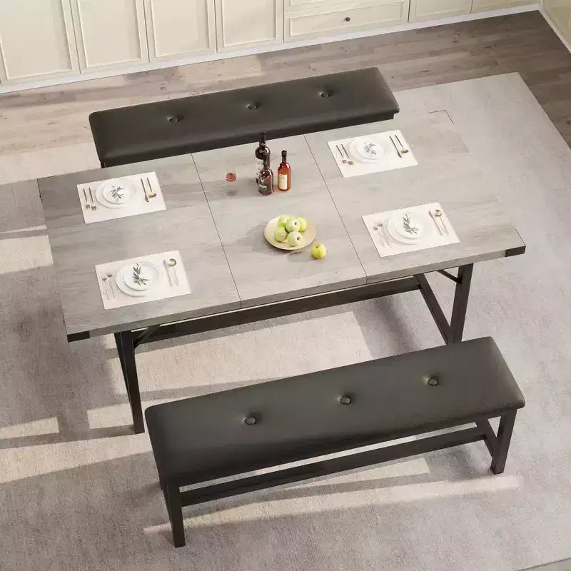 Set tavolo da pranzo allungabile Garvee per 4-6 persone, grande tavolo rettangolare con 2 panche imbottite, set tavolo da cucina allungabile per appartamento, piccoli spazi