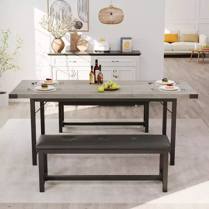 Set tavolo da pranzo allungabile Garvee per 4-6 persone, grande tavolo rettangolare con 2 panche imbottite, set tavolo da cucina allungabile per appartamento, piccoli spazi