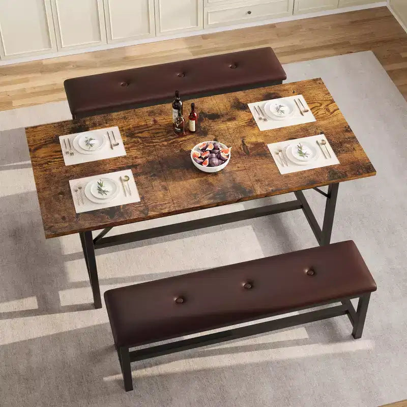 Set tavolo da pranzo allungabile Garvee per 4-6 persone, grande tavolo rettangolare con 2 panche imbottite, set tavolo da cucina allungabile per appartamento, piccoli spazi