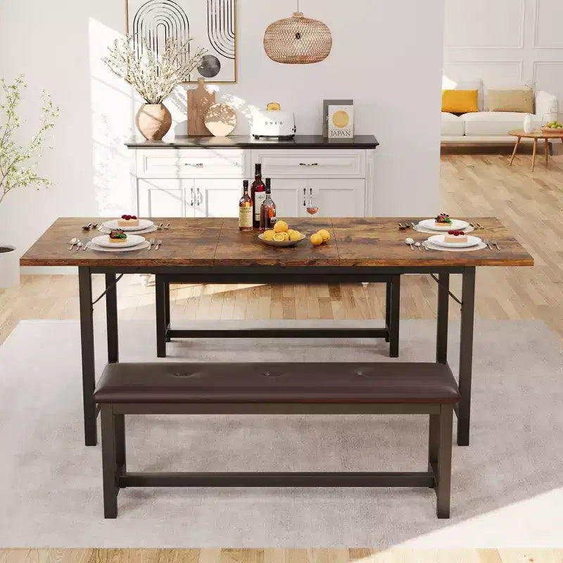 Set tavolo da pranzo allungabile Garvee per 4-6 persone, grande tavolo rettangolare con 2 panche imbottite, set tavolo da cucina allungabile per appartamento, piccoli spazi