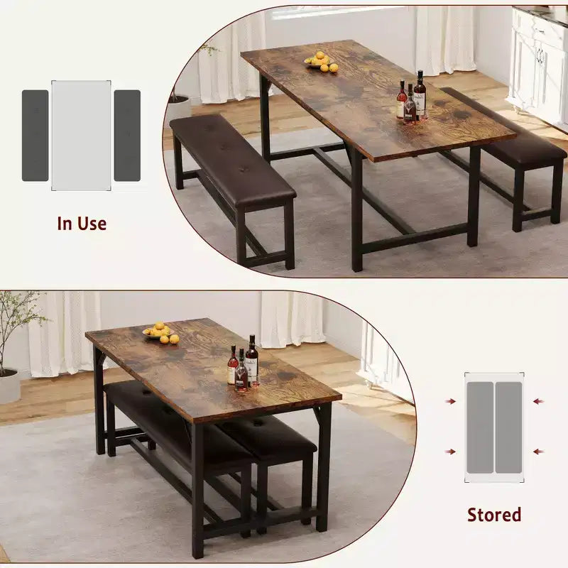 Set tavolo da pranzo allungabile Garvee per 4-6 persone, grande tavolo rettangolare con 2 panche imbottite, set tavolo da cucina allungabile per appartamento, piccoli spazi
