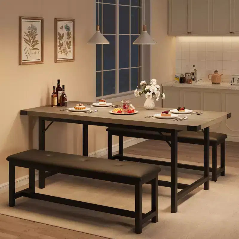 Set tavolo da pranzo allungabile Garvee per 4-6 persone, grande tavolo rettangolare con 2 panche imbottite, set tavolo da cucina allungabile per appartamento, piccoli spazi