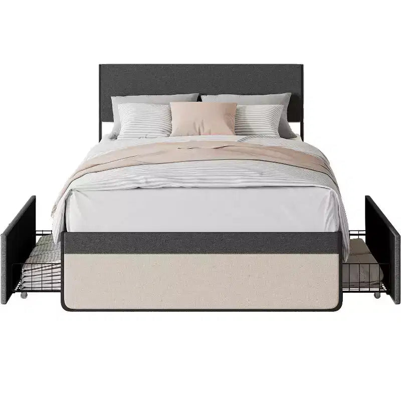 Letto a piattaforma moderno e semplice con testiera e pediera imbottite in lino, robusta struttura del letto con doghe in acciaio e base per materasso