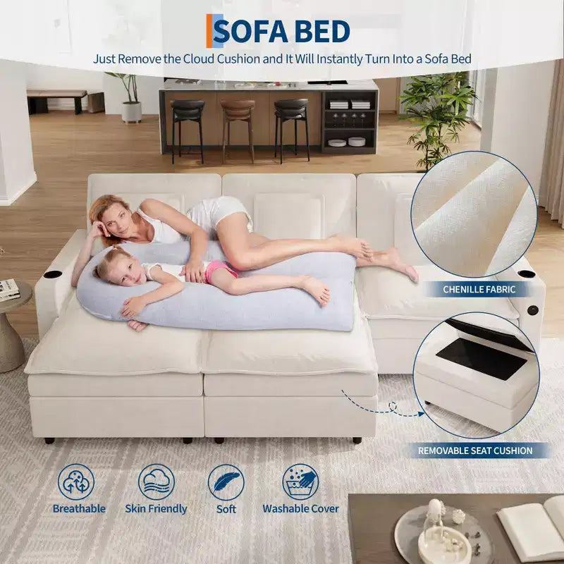 Divano componibile a U a forma di nuvola in ciniglia da 108 pollici, divano a 3 posti con pouf mobile e portabicchieri, divani componibili per soggiorno