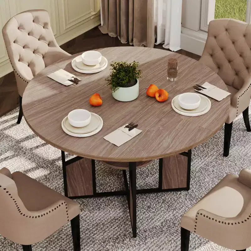 Tavolo da pranzo rotondo per 4-6 persone, tavolo da cucina da 150 cm con ripiano portaoggetti, tavolo da cena circolare con base, tavolo da colazione in legno, senza sedie