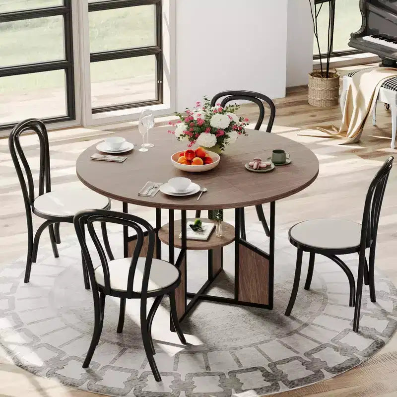 Tavolo da pranzo rotondo per 4-6 persone, tavolo da cucina da 150 cm con ripiano portaoggetti, tavolo da cena circolare con base, tavolo da colazione in legno, senza sedie