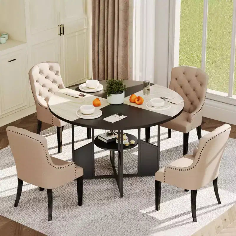Tavolo da pranzo rotondo per 4-6 persone, tavolo da cucina da 150 cm con ripiano portaoggetti, tavolo da cena circolare con base, tavolo da colazione in legno, senza sedie