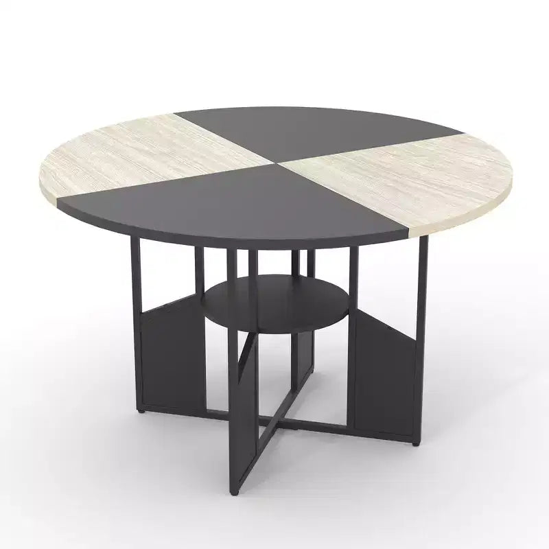 Tavolo da pranzo rotondo per 4-6 persone, tavolo da cucina da 150 cm con ripiano portaoggetti, tavolo da cena circolare con base, tavolo da colazione in legno, senza sedie