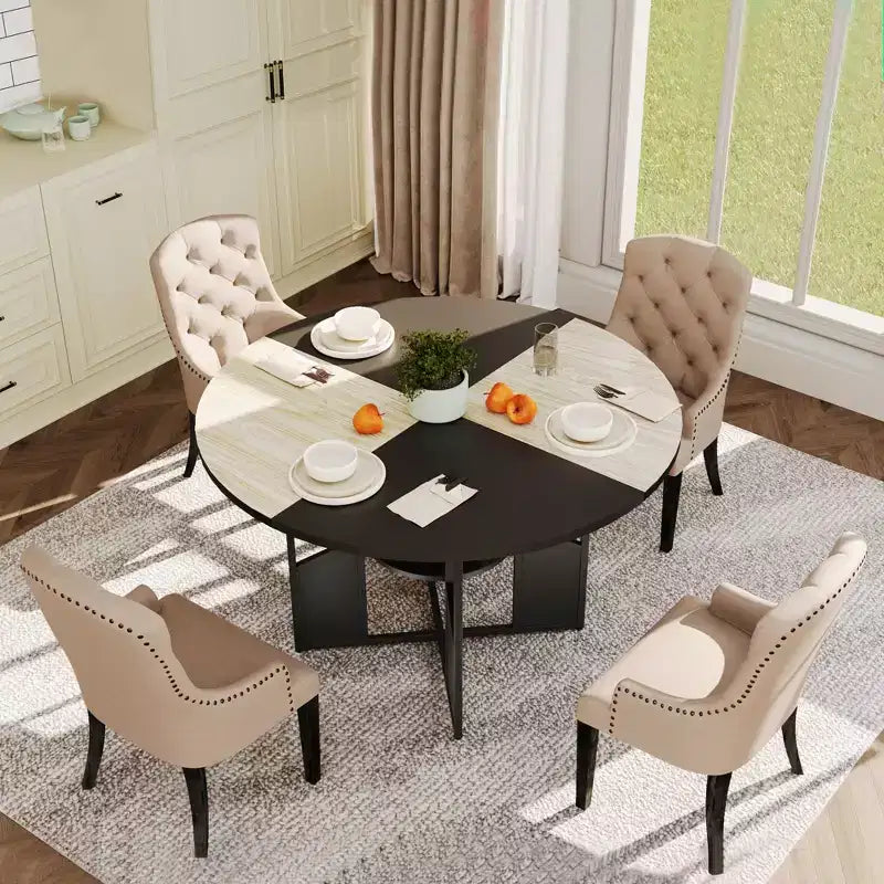 Tavolo da pranzo rotondo per 4-6 persone, tavolo da cucina da 150 cm con ripiano portaoggetti, tavolo da cena circolare con base, tavolo da colazione in legno, senza sedie
